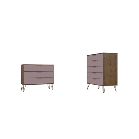 MANHATTAN COMFORT Rockefeller Tall 5-Drawer Dresser and Standard 3-Drawer Dresser in Nature and Rose Pink 180GMC6